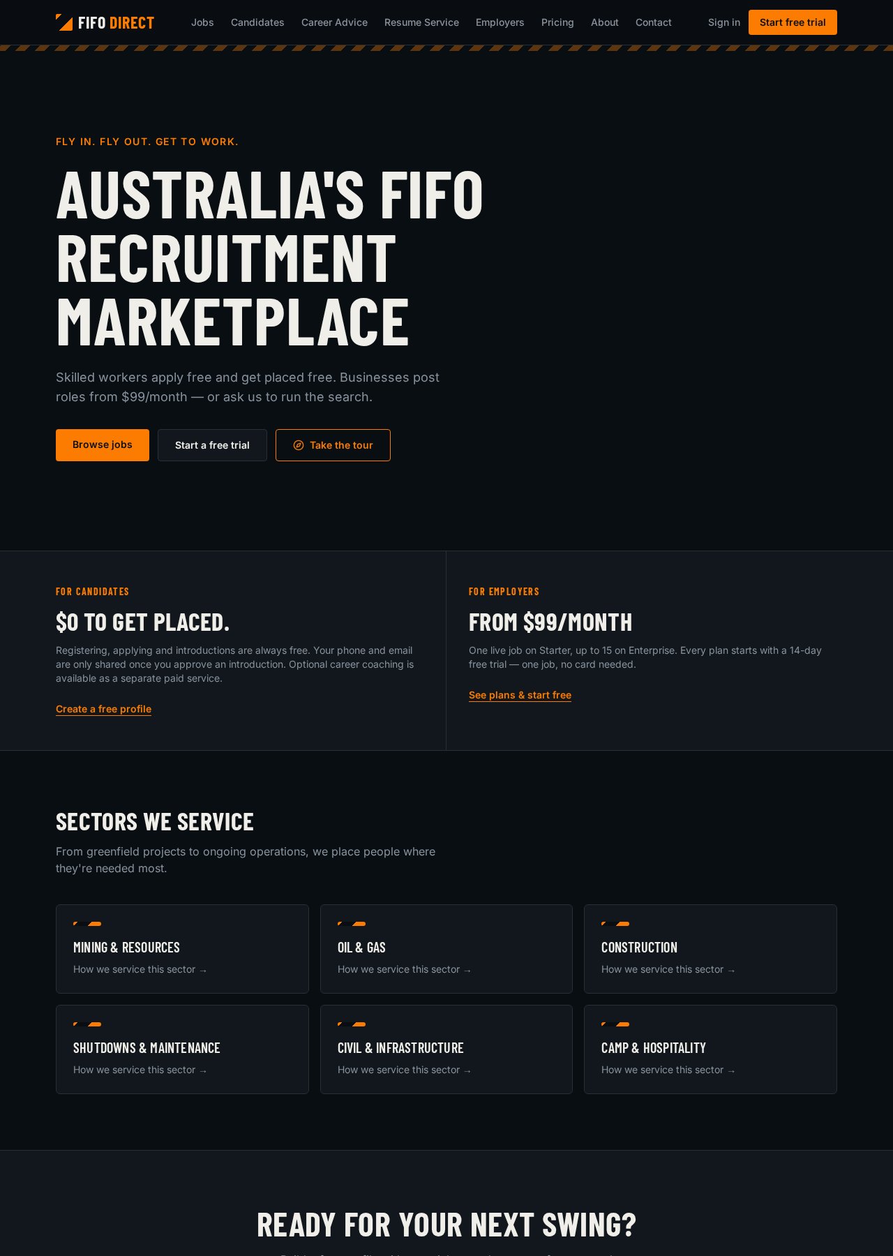 FIFO Direct website showing its recruitment marketplace, candidate registration and employer plans
