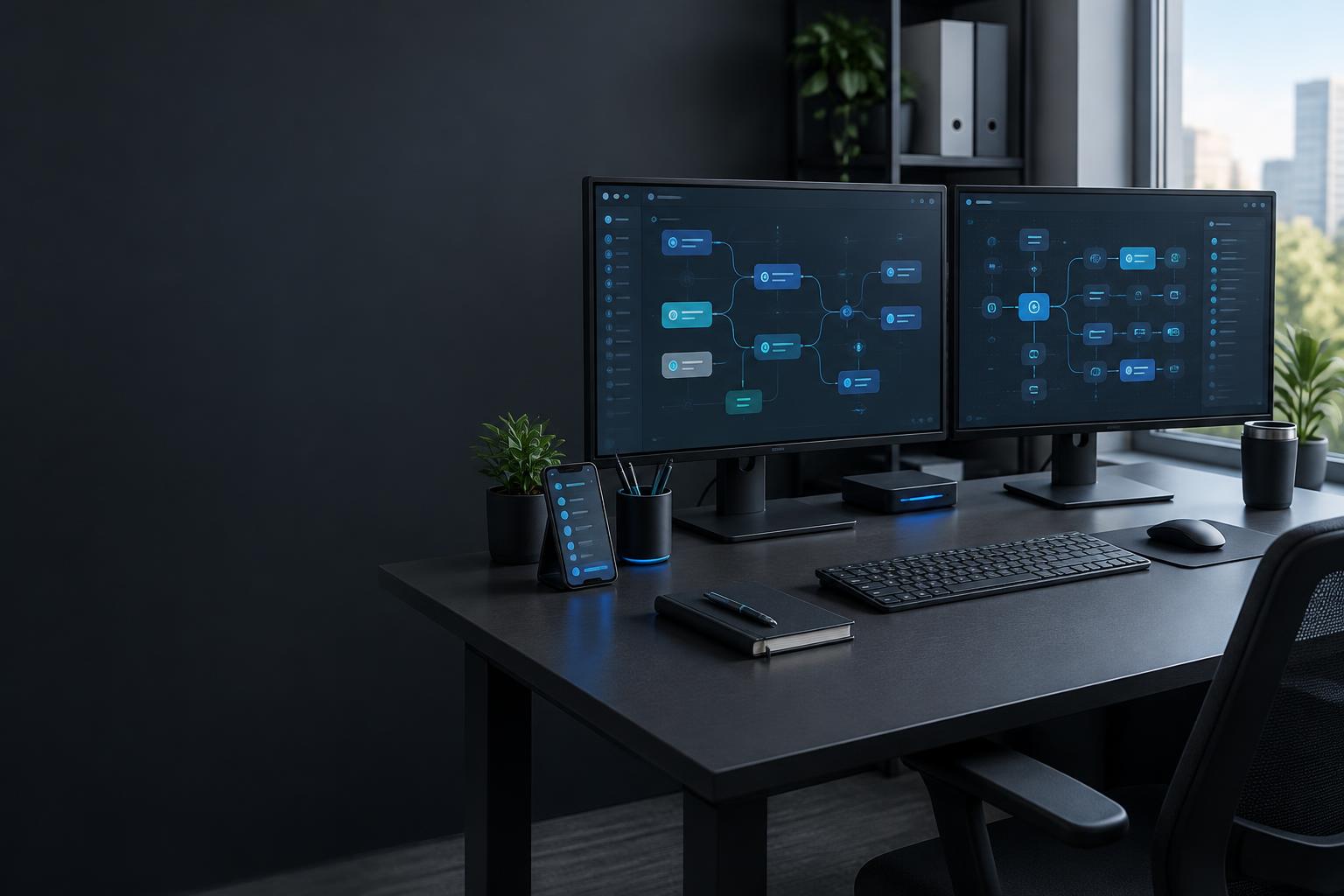 Illustrative business workspace with connected workflow screens